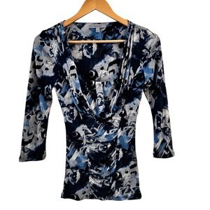 Womens Y2K Silk Blend Babydoll Top Size XS Ruched‎ Abstract Navy Black